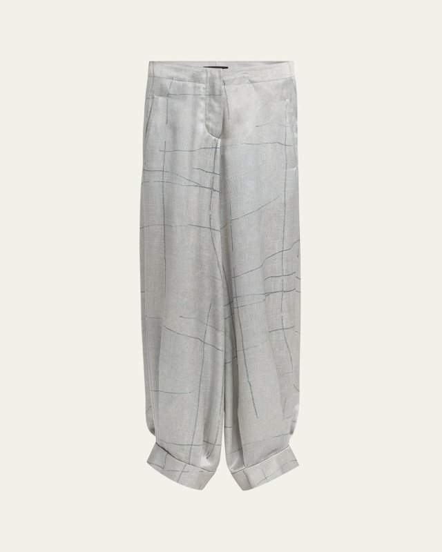 Check Cuffed Wide Leg Silk Trousers